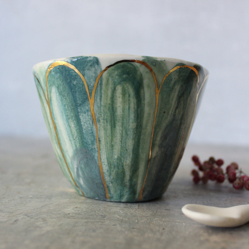 Ceramic Latte Cup Green Gold Daisy - Tribe Castlemaine