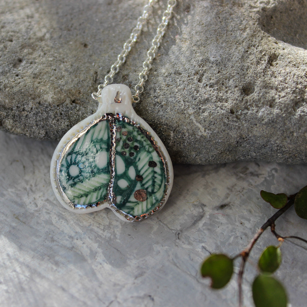 Ceramic Necklace Green Wing Silver Chain - Tribe Castlemaine