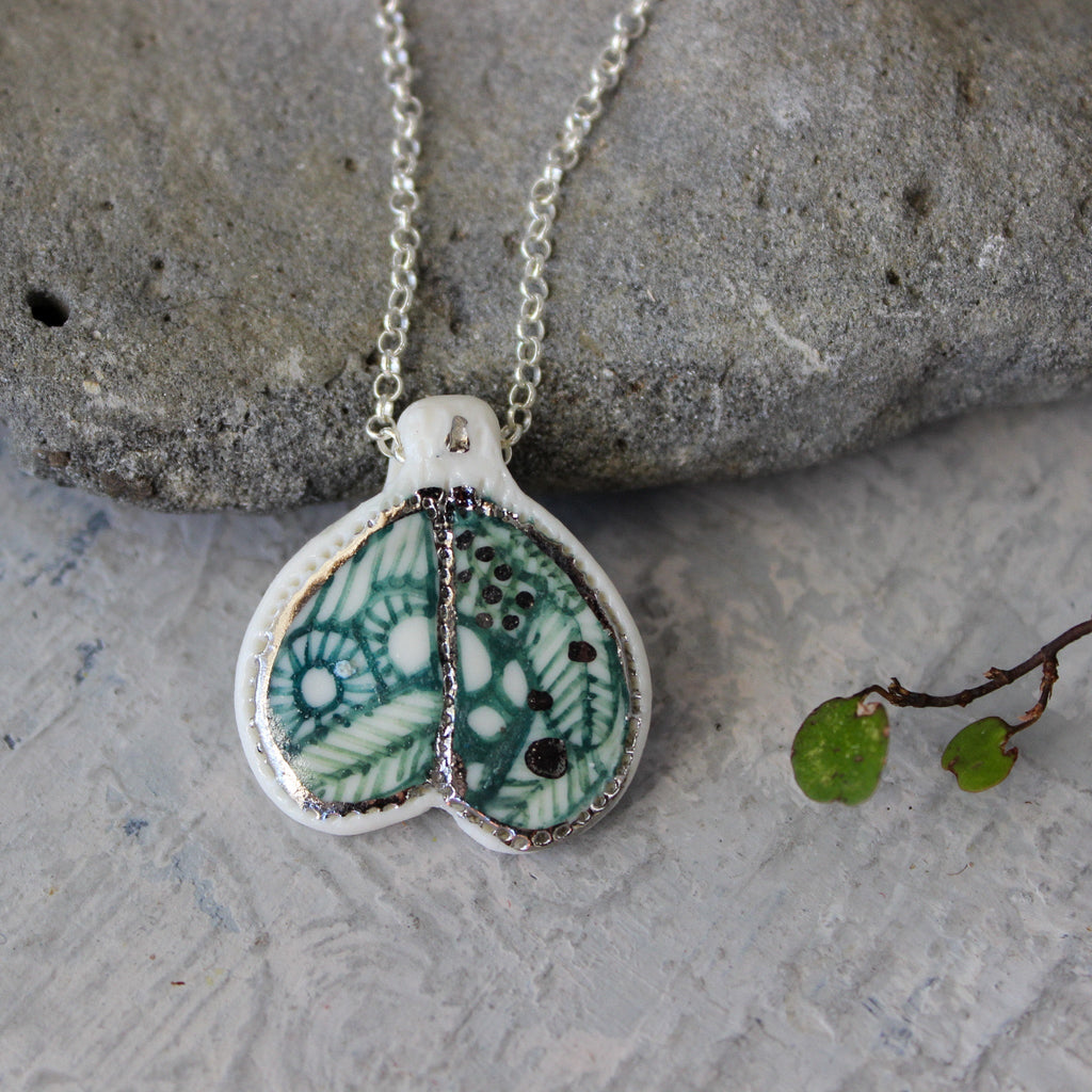 Ceramic Necklace Green Wing Silver Chain - Tribe Castlemaine