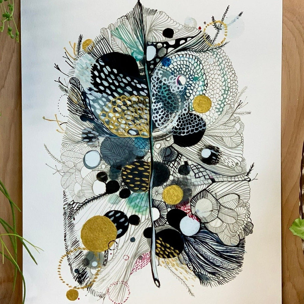 'Grey Feather' with handpainted gold detail Print by Katherine Wheeler - Tribe Castlemaine