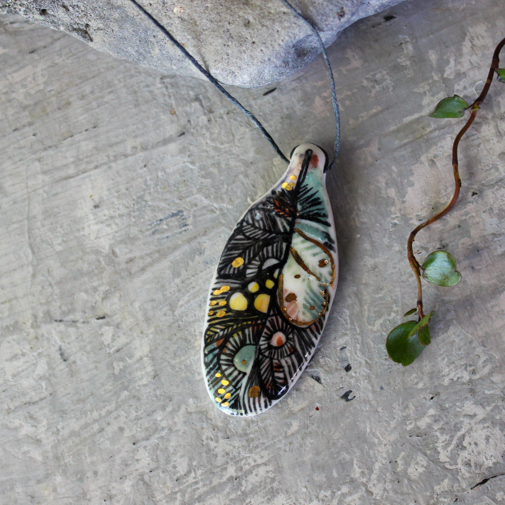 Hand Painted Ceramic Necklace Feather #3 - Tribe Castlemaine