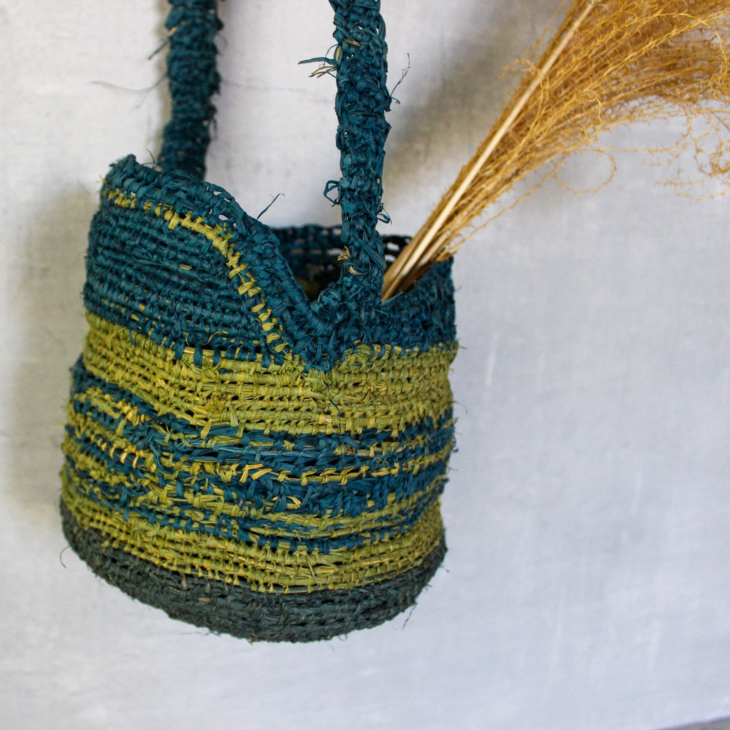 Handwoven Raffia Hanging Basket Green+Blue - Tribe Castlemaine