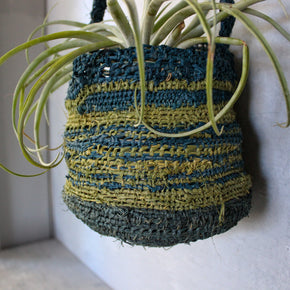 Handwoven Raffia Hanging Basket Green+Blue - Tribe Castlemaine