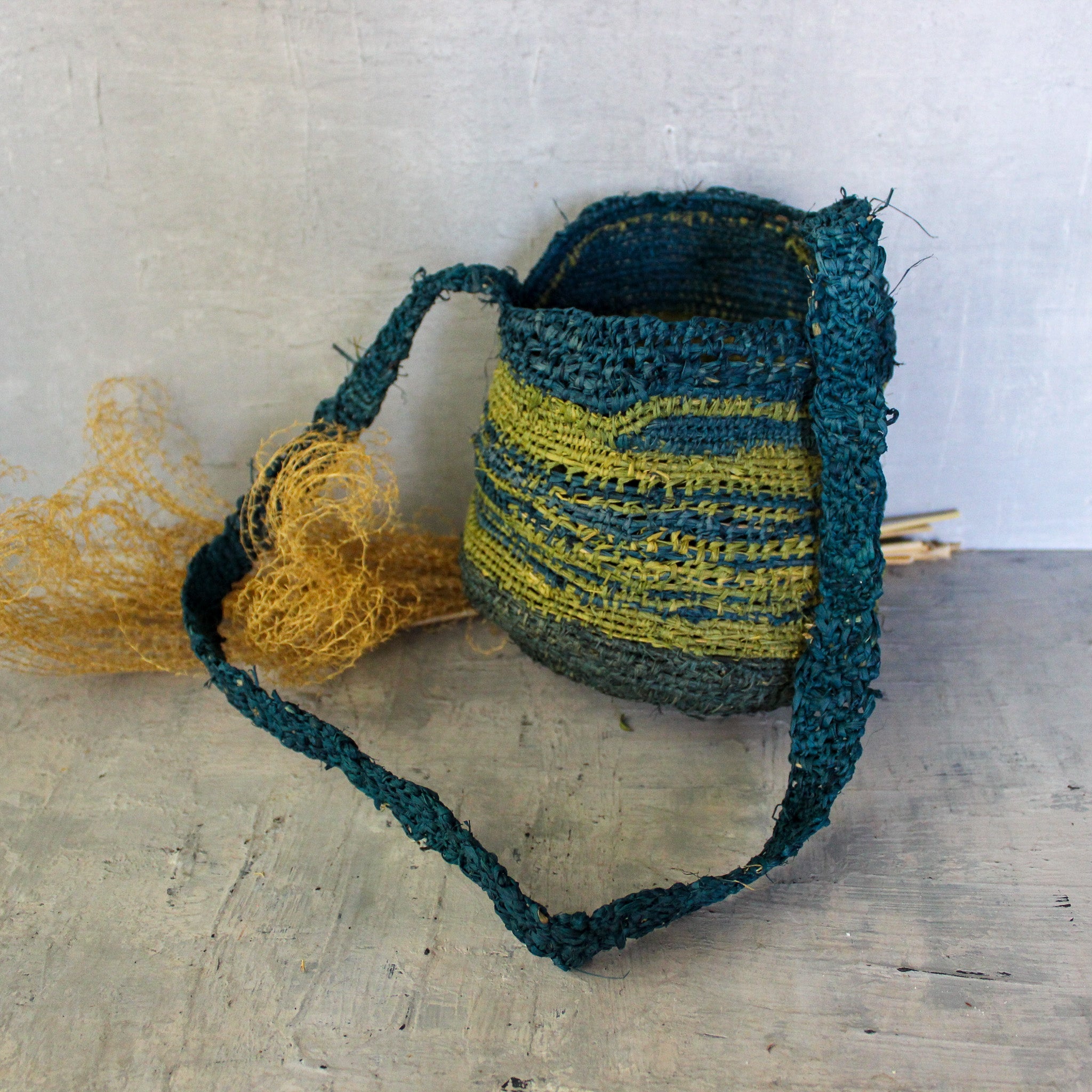 Handwoven Raffia Hanging Basket Green+Blue - Tribe Castlemaine