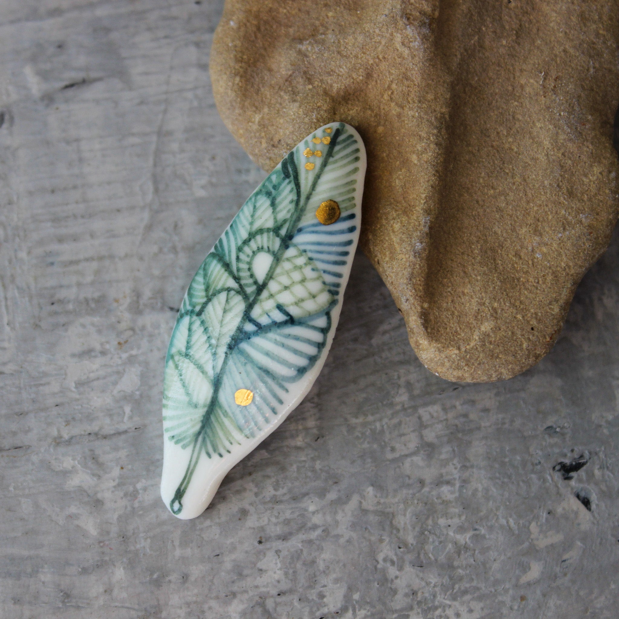 Porcelain Brooch Green Feather - Tribe Castlemaine