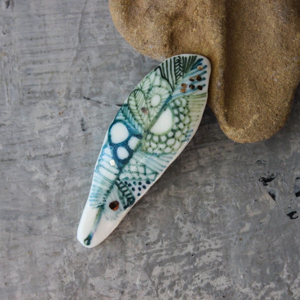 Porcelain Brooch Green Feather - Tribe Castlemaine