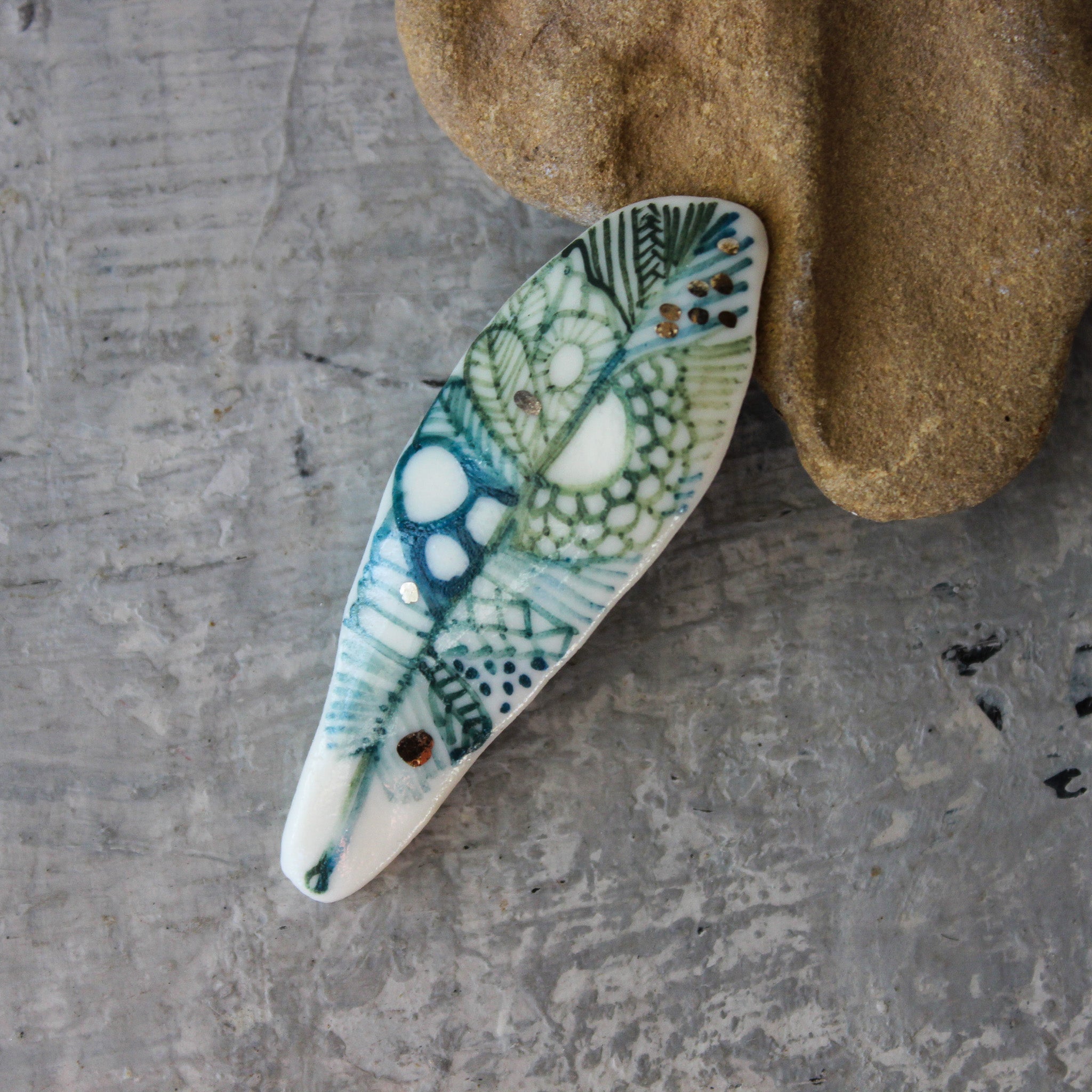 Porcelain Brooch Green Feather - Tribe Castlemaine