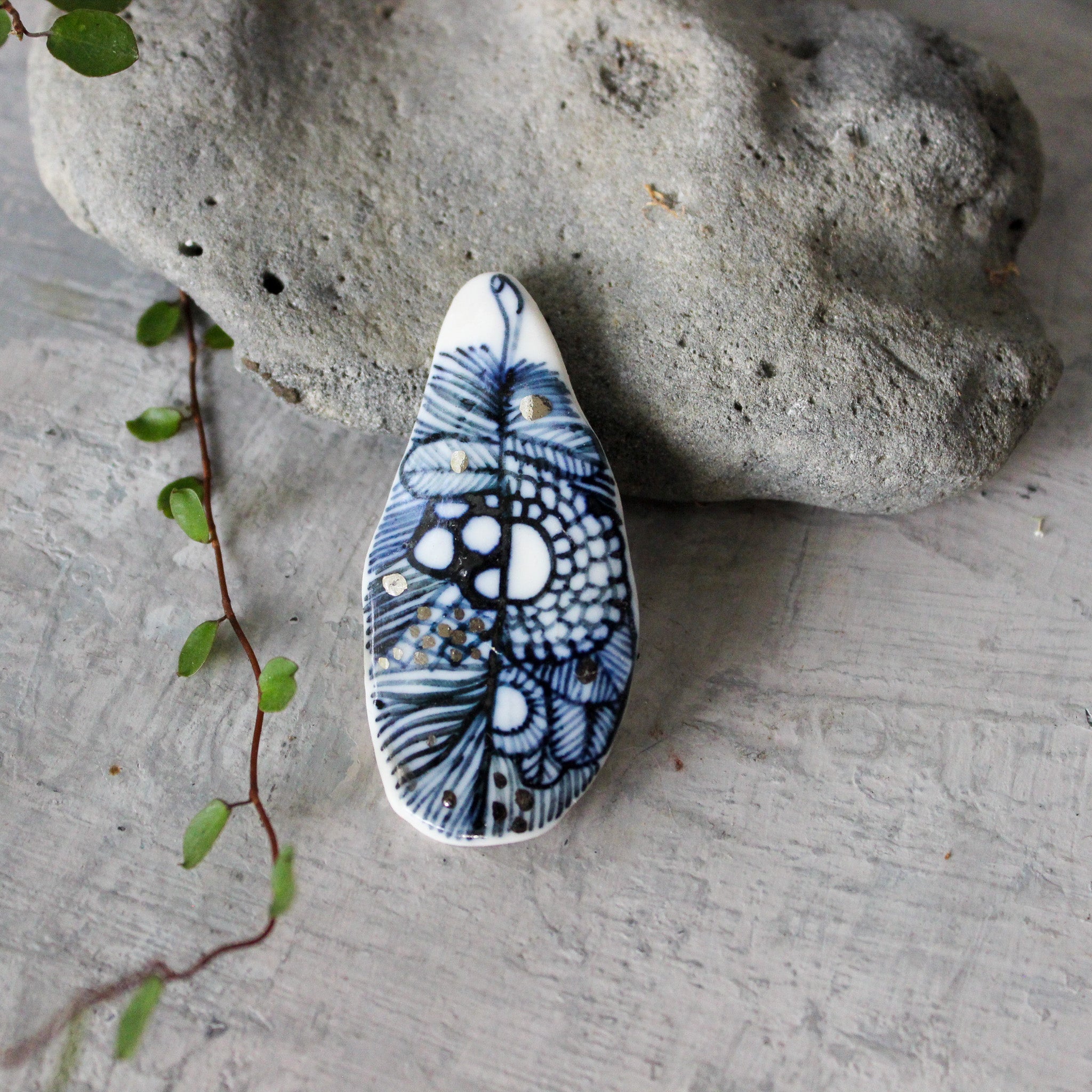 Porcelain Brooch Indigo Feather #1 - Tribe Castlemaine