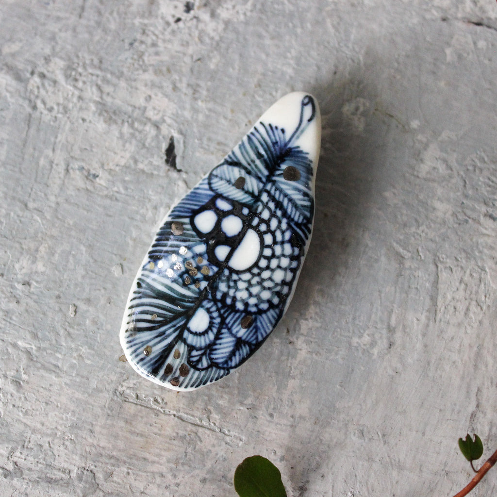 Porcelain Brooch Indigo Feather #1 - Tribe Castlemaine