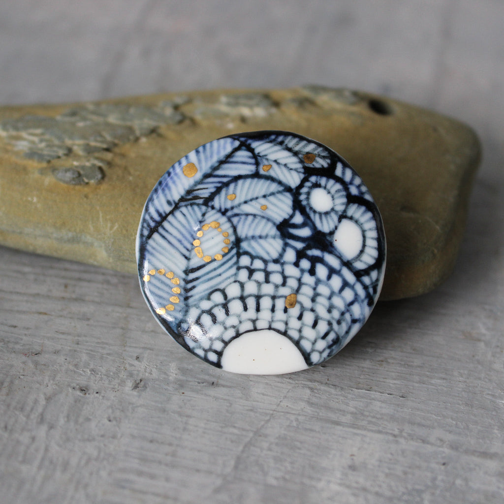 Porcelain Brooch Indigo Seafoam Feather - Tribe Castlemaine