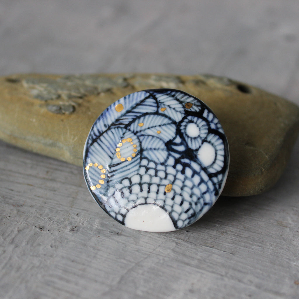 Porcelain Brooch Indigo Seafoam Feather - Tribe Castlemaine