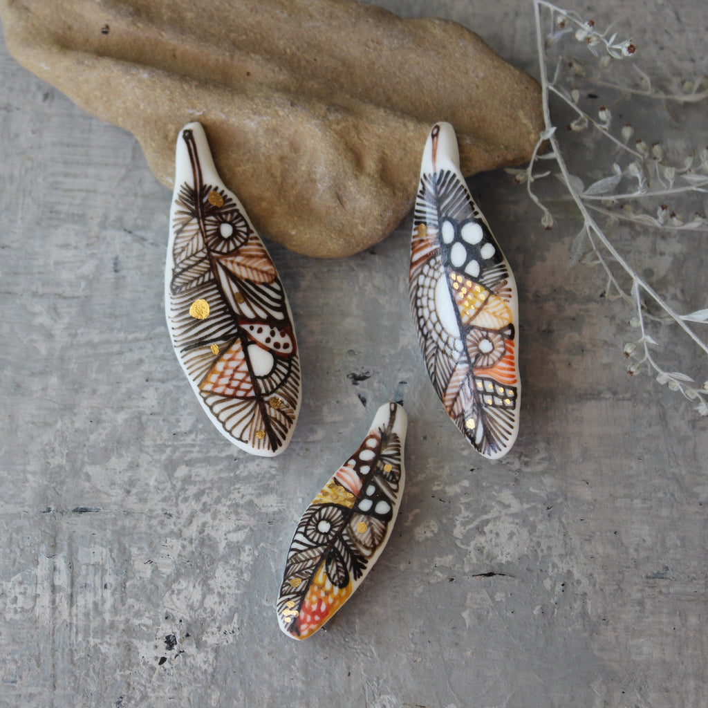 Porcelain Brooch Sepia Painted Feather - Tribe Castlemaine