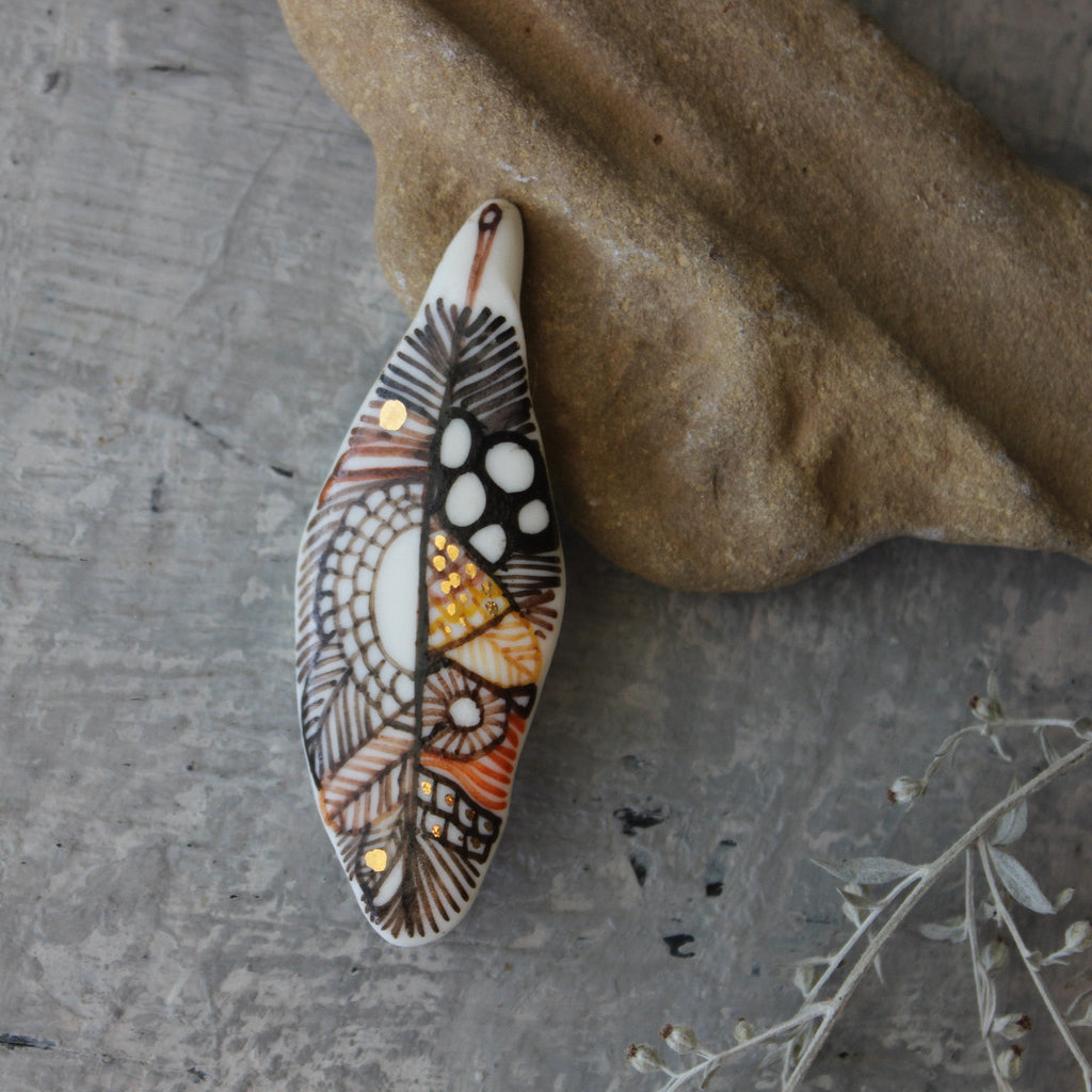 Porcelain Brooch Sepia Painted Feather - Tribe Castlemaine