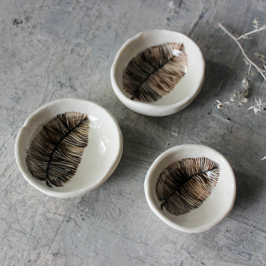 Porcelain Trinket Dishes Sepia Feather - Tribe Castlemaine